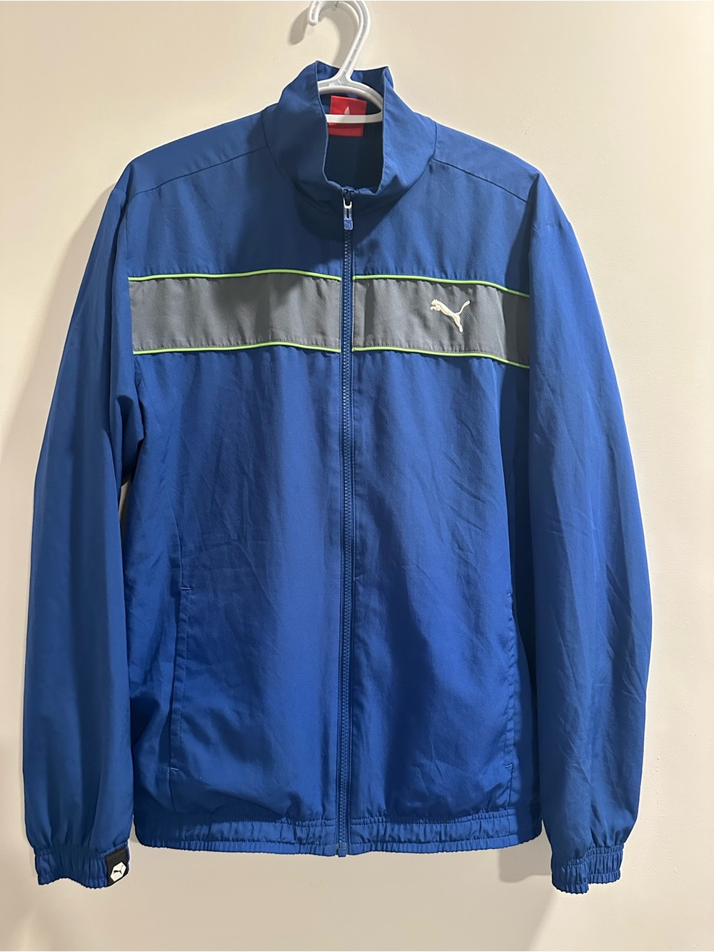 Puma Blue Windbreaker Jacket with Gray Panel and Lime Piping